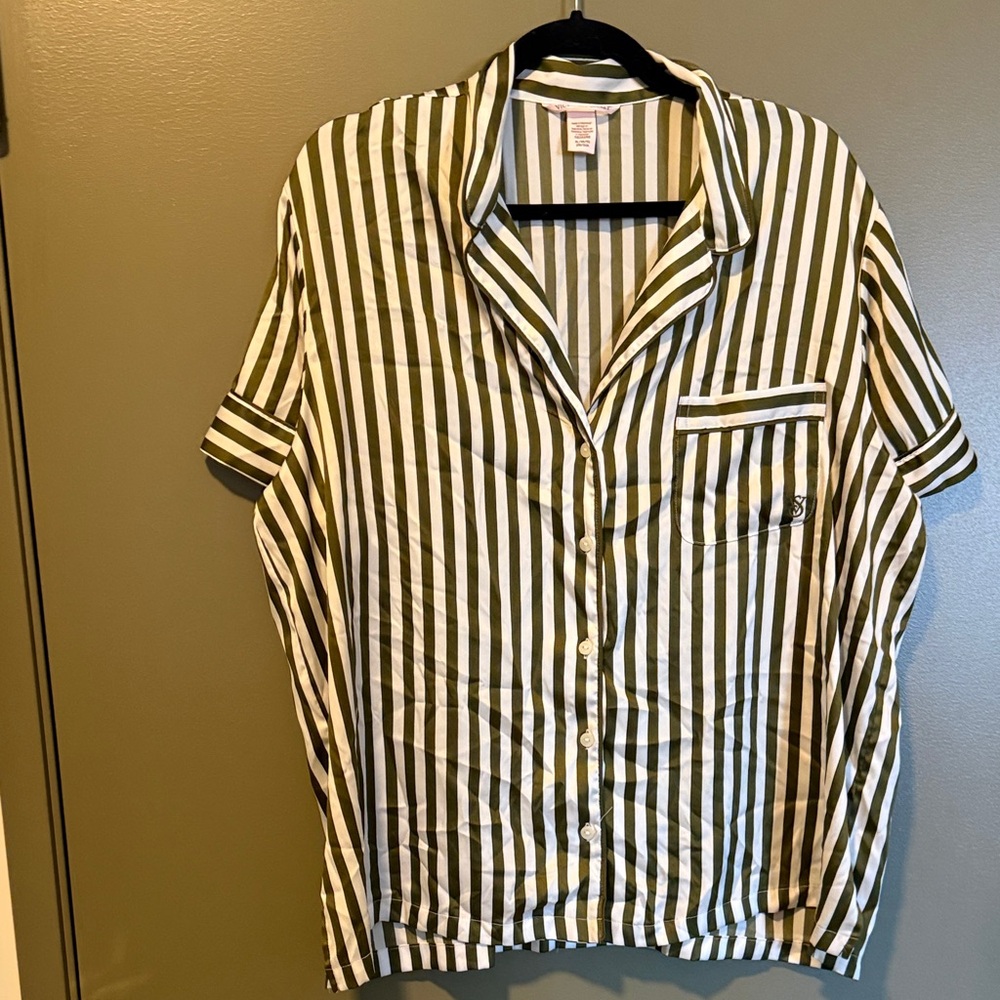 Victoria's Secret Olive and White Striped Pajama Shirt an Shorts